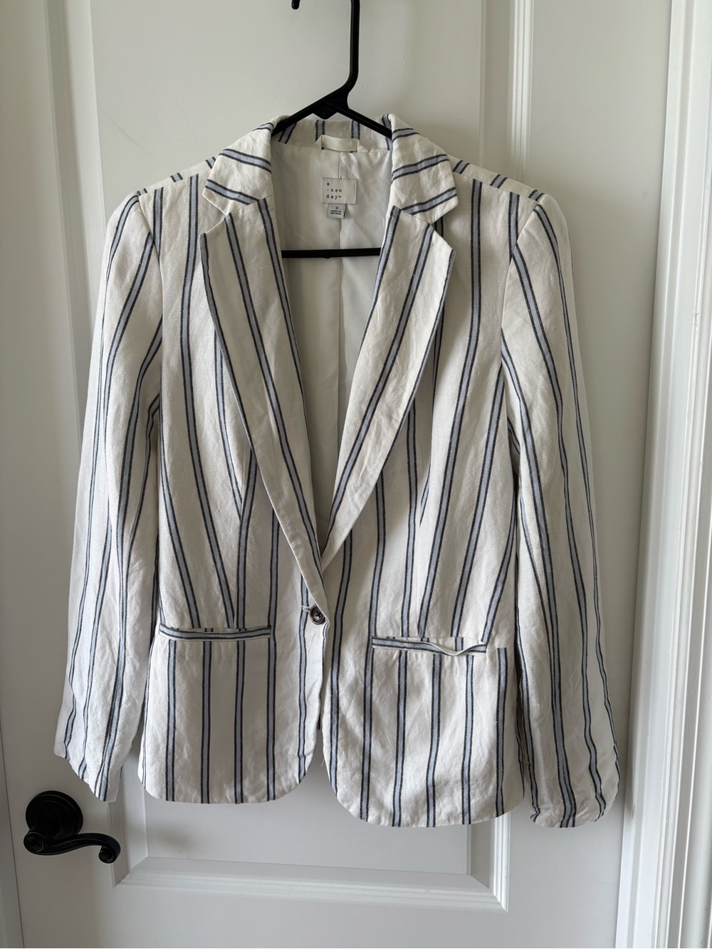 A New Day Linen Blend Striped Blazer White Navy Size 2 Lightweight Office